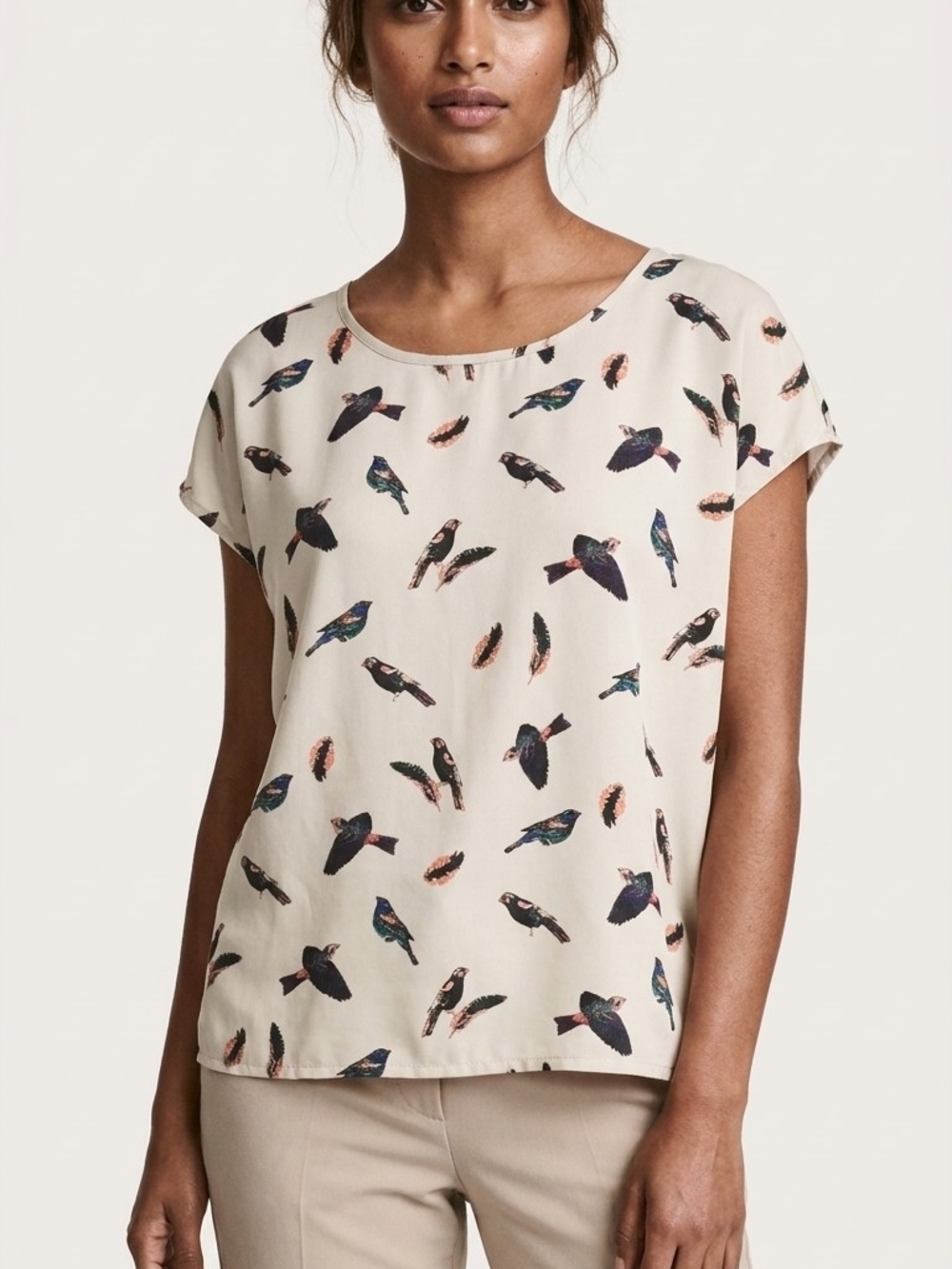 H&M Cream Short-Sleeve Bird-Print Blouse